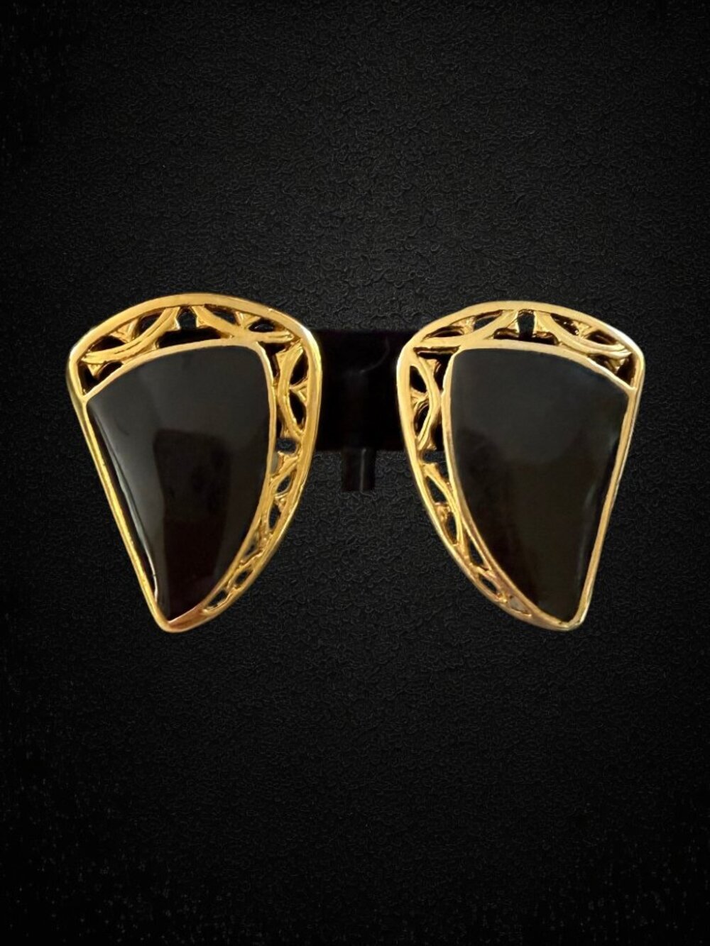 Vintage Bergere Black Enamel Gold Tone Clip Earrings Geometric Statement 80s